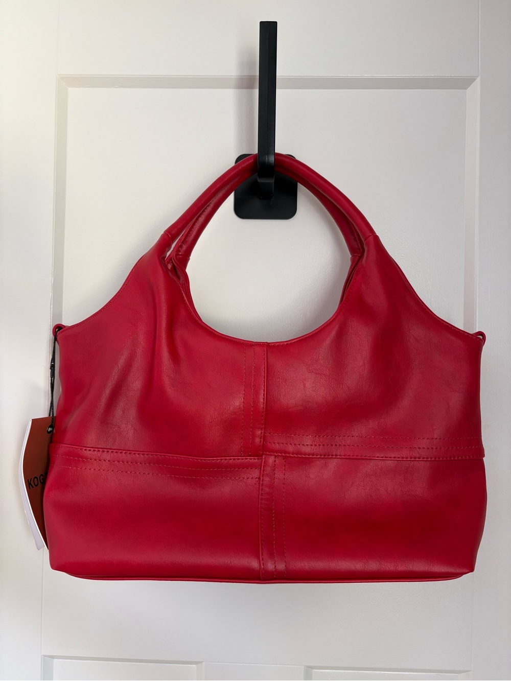 Red Vegan Leather Shoulder Hobo Bag with Rounded Handles